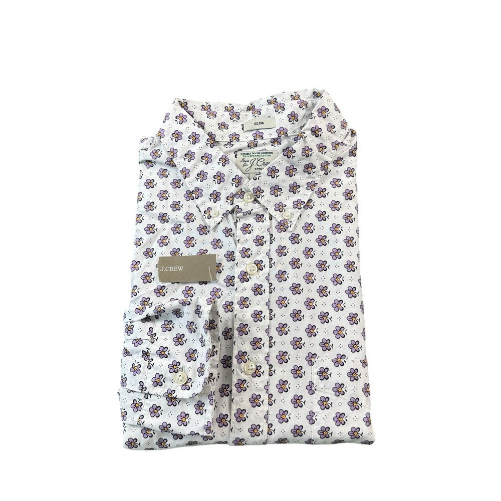 J.Crew White Purple Floral AOP Cotton Stretch L/S Button Front L Slim NWT